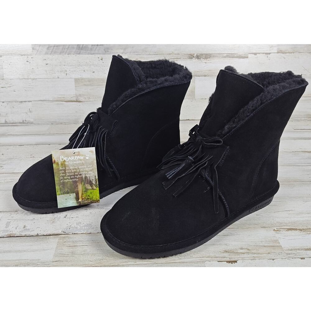 BEARPAW CHRISTIE Wmns Suede Sheepskin Fringe Blk Boots NeverWet Technology Sz 12